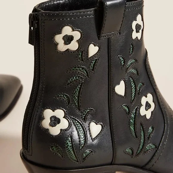 RARE Loeffler Randall Joni Western Ankle BootsBlack Green Floral Cowboy Boots